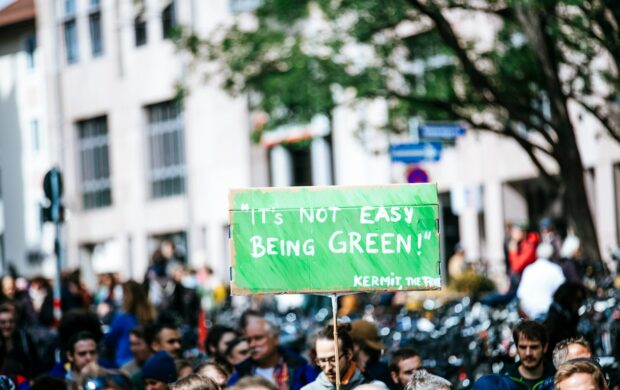 man holding a green board in a rally